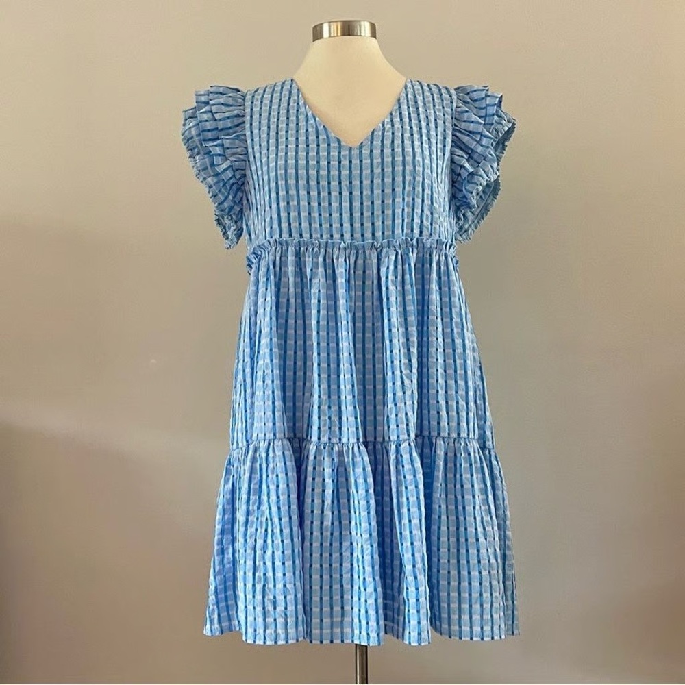 THML Babydoll Mini Dress Short Ruffle Sleeves Flowy Blue L